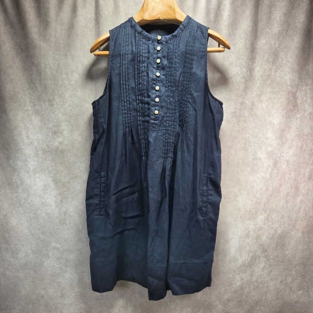 Quince Navy Blue 100% Linen Sleeveless Pintuck Shift Dress XL Pockets Women